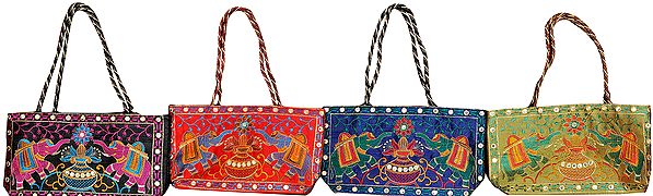 Lot of Four Mirrored Handbags from Gujarat with Aari Embroidered Elephants