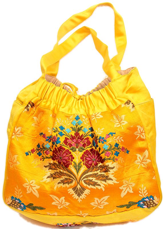 Golden Banarasi Handbag with Side Pockets and Brocaded Flowers