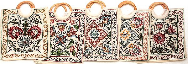 Lot of Five Shopper Bags from Kashmir with Aari Embroidered Flowers