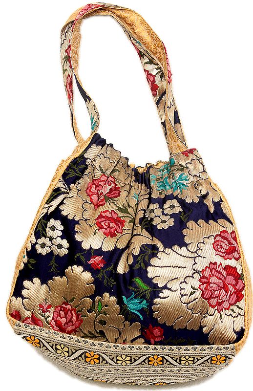 Navy-Blue Banarasi Handbag with Side Pockets and Brocaded Flowers