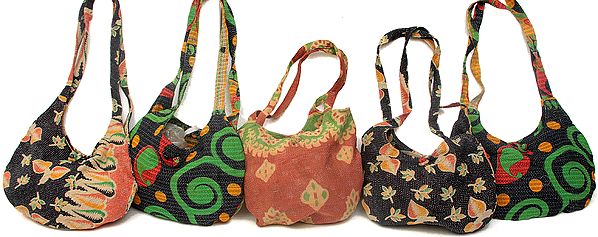 Lot of Five Printed Shoulder Bags with Kantha Stitch Embroidery by Hand