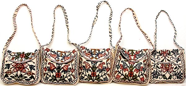 Lot of Five Flapped Handbags with Crewel Embroidery from Kashmir