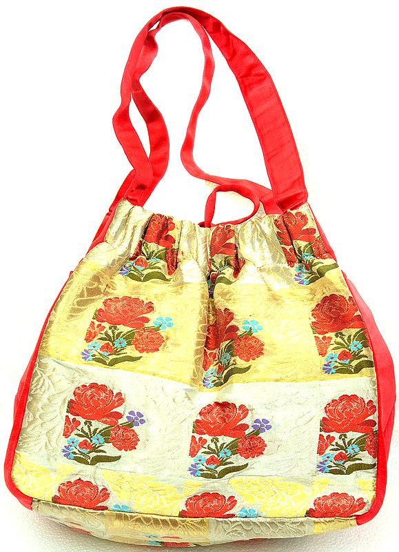 Gold and Silver Banarasi Handbag with Woven Flowers