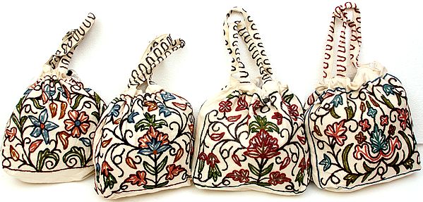 Lot of Four Drawstring Shoulder Handbags with Crewel Embroidery from Kashmir