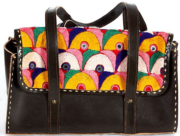 Coffee-Brown Leather Handbag from Ajmer with Hand Aari Embroidery and Mirrors