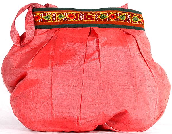 Plain Rose-Pink Shopper Bag from Gujarat with Embroidered Border