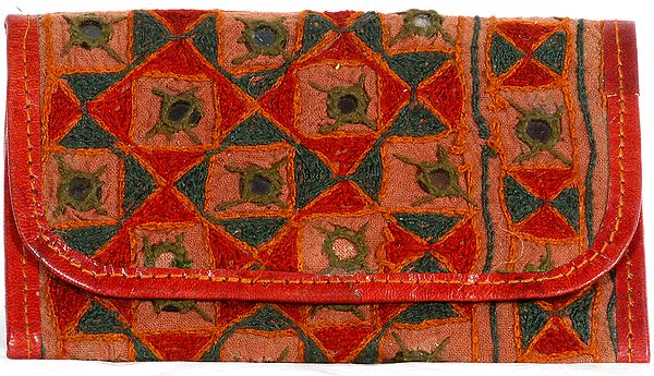 Mahagony Leather Clutch Bag from Ajmer with Antique Embroidery by Hand and Mirrors