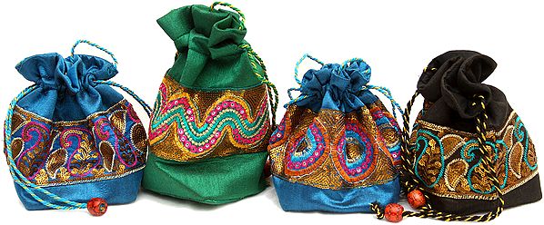 Lot of Four Drawstring Potli Bags with Crewel Embroidery and Sequins