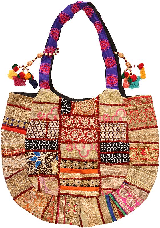 Shopper Bag from Gujarat with Golden-Embroidery All-Over and Sequins
