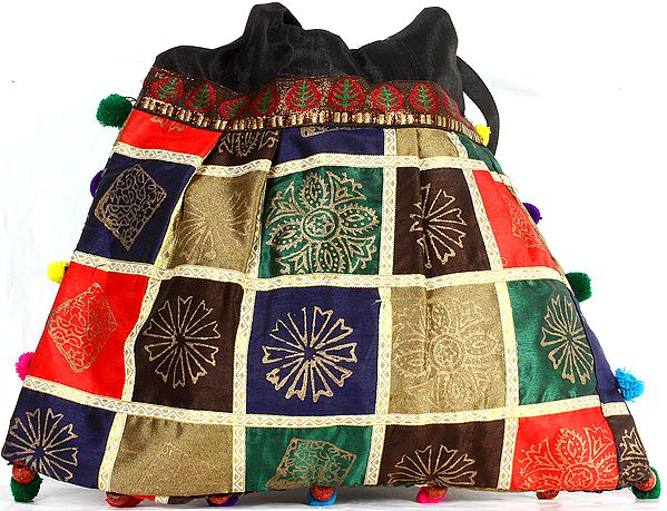 Hand-Painted Jhola Bag with Pom Poms