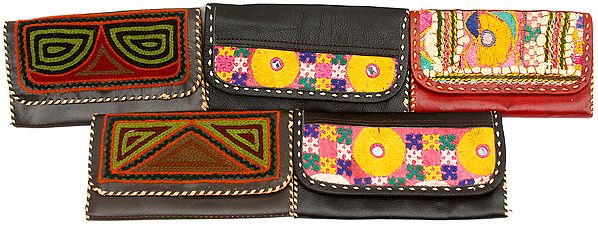 Lot of Five Leather Clutch Bag from Ajmer with Antique Embroidery by Hand and Mirrors
