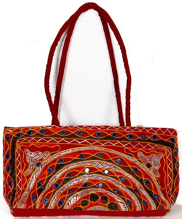 Red Densely Embroidered Handbags with Mirrors
