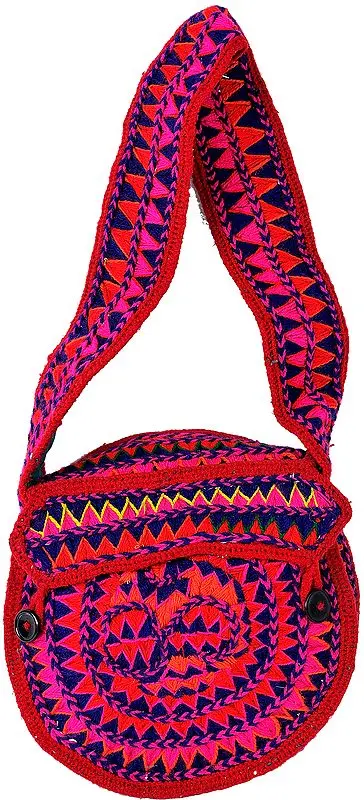 Round Shoulder Bag from Haridwar with Om in Threadwork