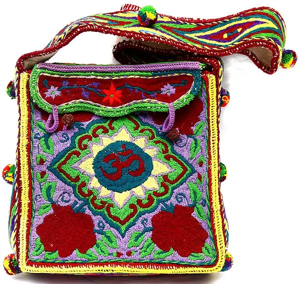 Large Shoulder Bag from Haridwar with Om in Threadwork