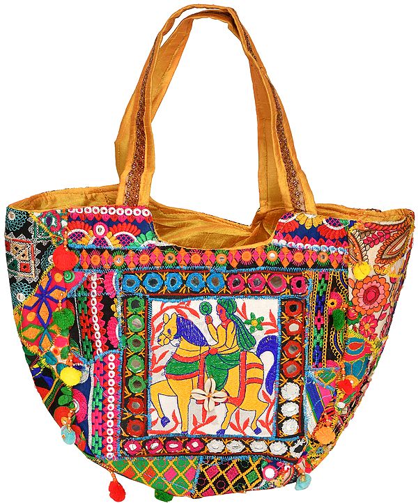Multicolor Embroidered Shopper Bag with Mirrors