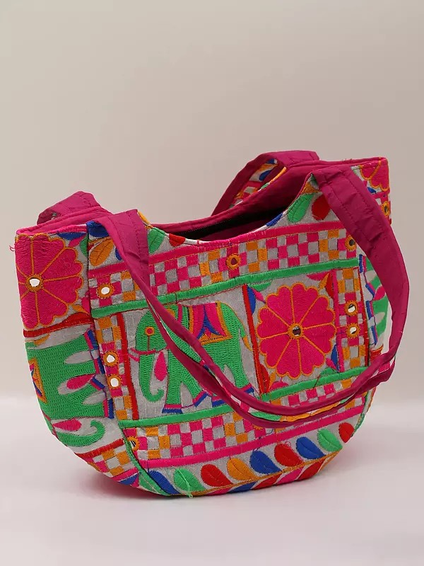 Shoulder Bag from Kutch with Embroidery in Multicolour Thread