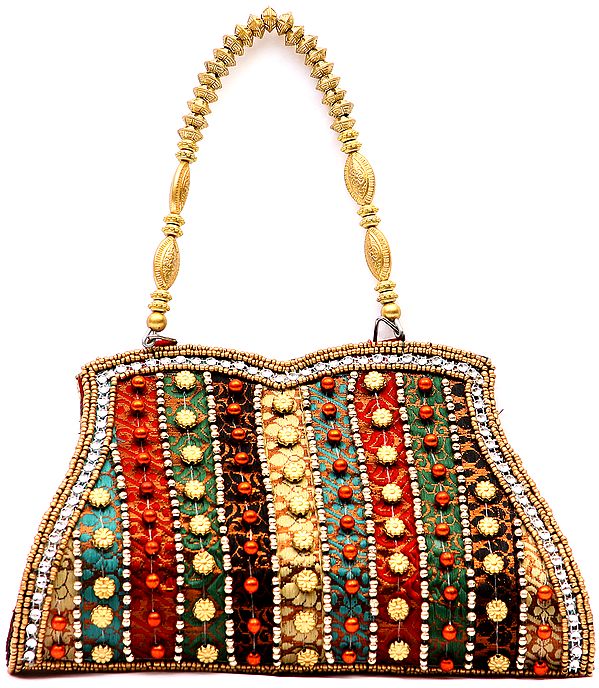 Rainbow Clutch Bag with Embroidered Beads and Brocade Weave
