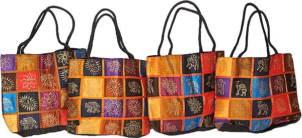 Lot of Four Multi-Color Hand-Painted Jhola Bags with Auspicious Symbols
