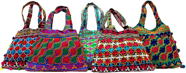Lot of Five Shopper Bags from Gujarat with Aari Embroidery