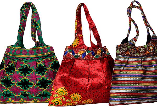 Lot of Three Assorted Shopper Bags from Gujarat with Patch Border