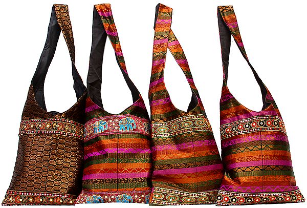 Lot of Four Brocaded Jhola Bags from Gujarat with Patch Border