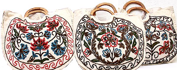 Lot of Three Shopper Bags with Crewel Embroidery from Kashmir