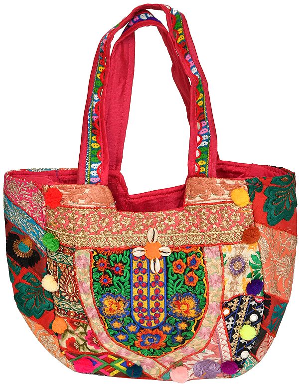 Multicolor Shopper Bag from Kutch with Embroidery and Cowries | Exotic ...
