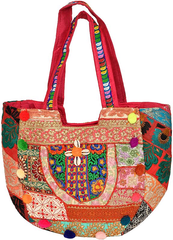 Multicolor Shopper Bag from Kutch with Embroidery and Cowries | Exotic ...