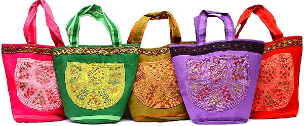 Lot of Five Kutch Shopper Bags with Mirrors and Patchwork