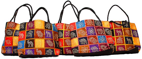 Lot of Five Multi-Color Hand-Painted Jhola Bags with Auspicious Symbols