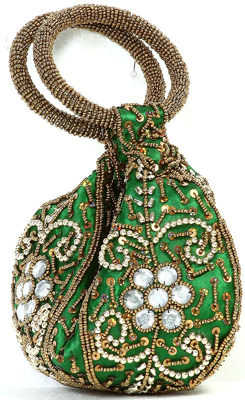 Islamic-Green Bracelet Bag with Beadwork and Sequins