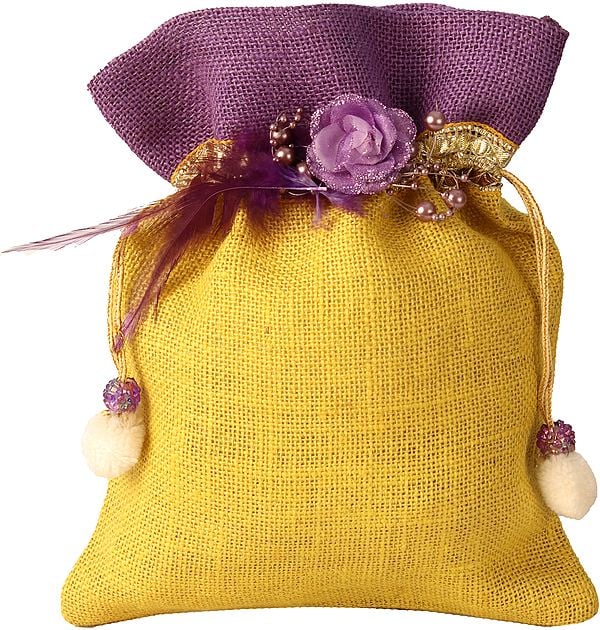 Purple and Yellow Drawstring Potli Bag with Embellishments and Patchwork