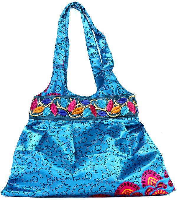 Azure Printed Shopper Bag with Embroidered Patch Border