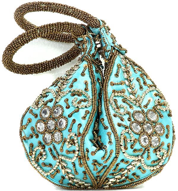 Cyan Bracelet Bag with Beadwork and Sequins