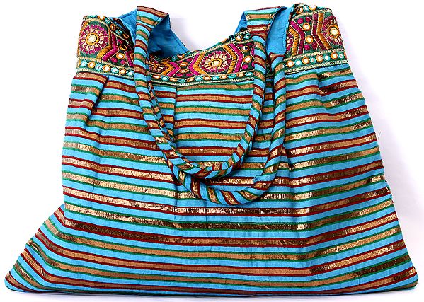 Striped Shopper Bag with Embroidered Patch Border