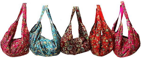 Lot of Five Satin Backpacks with Paisleys Embroidered with Sequins