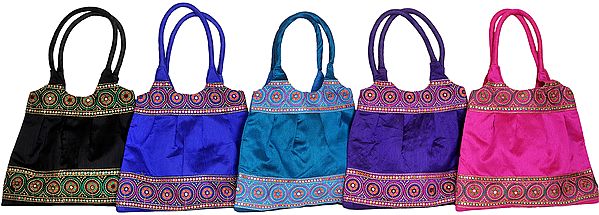 Lot of Five Plain Shopper Bag with Embroidered Patch Border
