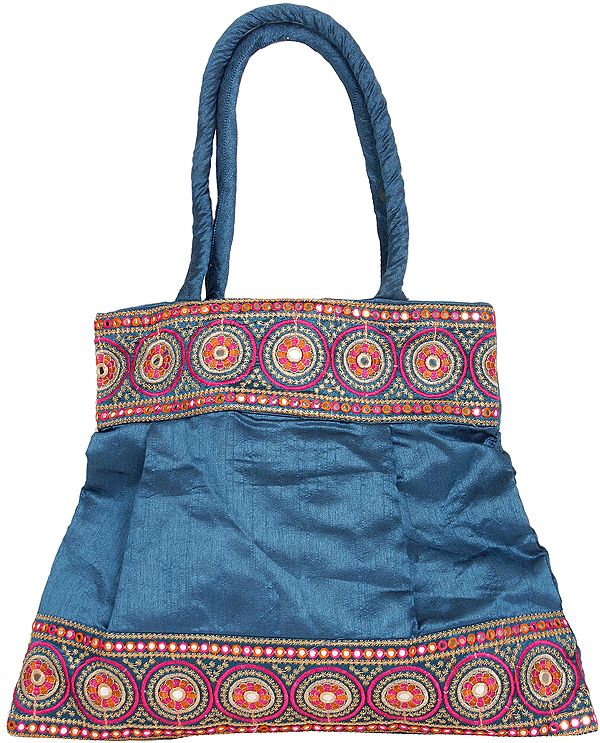 Plain Shopper Bag with Embroidered Patch Border