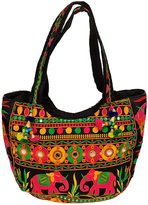 Shopper Bag from Kutch with Embroidered Elephants and Mirrors