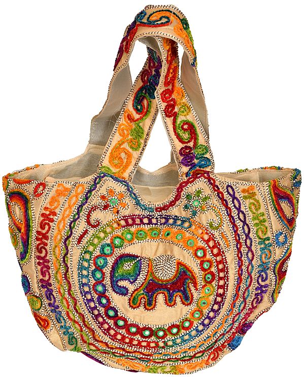 Alabaster-Gleam Shopper Bag from Gujarat with Embroidered Elephant and Mirrors