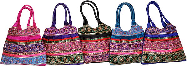 Lot of Five Shopper Bags from Gujarat with Embroidered Chakras and Sequins