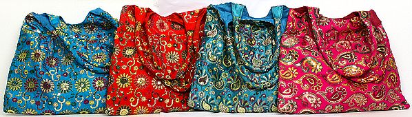 Lot of Four Shopper Bags with Aari Embroidered Paisleys and Sequins