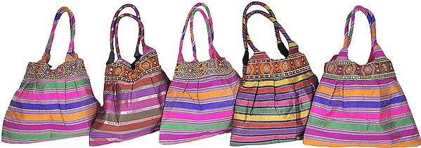 Lot of Four Rainbow Shopper Bags with Aari Embroidered Patch Border