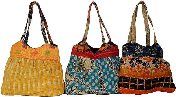 Lot of Three Patchwork Antiquated Shoulder Bags with Kantha Stitch Embroidery by Hand