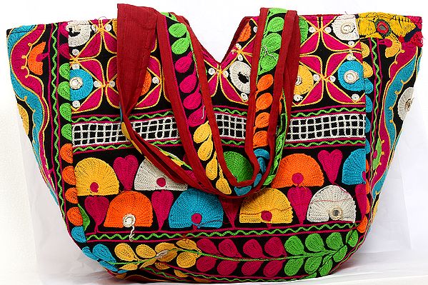 Black Shopper Bag from Kutch with Antique Embroidery in Multi-Color Thread