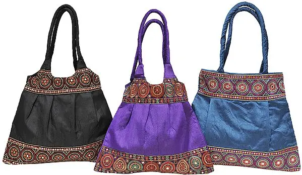 Lot of Three Plain Shopper Bag with Embroidered Patch Border