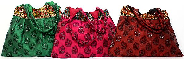 Lot of Three Shopper Bag with Woven Leaves and Embroidered Patch Border