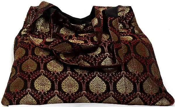 Black Brocaded Shopper Bag with Sequinned Paisleys