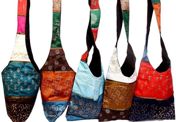 Lot of Five Multi-Color Hand-Painted Jhola Bags
