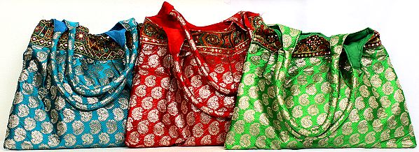 Lot of Three Brocaded Shopper Bag with Embroidered Patch Borders